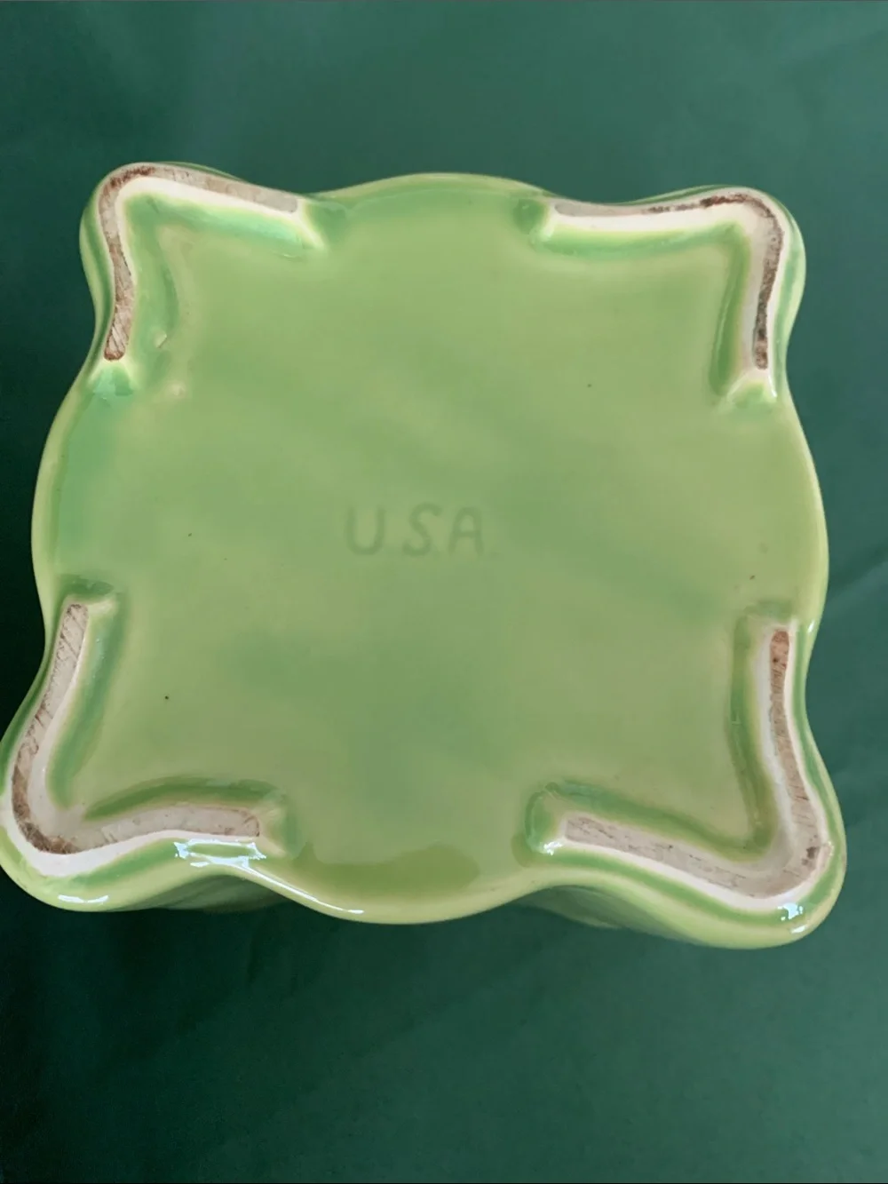 VTG USA  Pottery Glazed Square Footed Planter Chartreuse/Soft Lime Green 6” X 6”